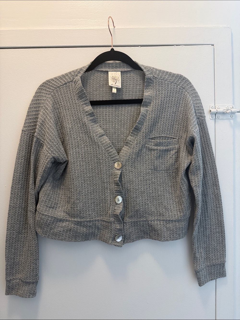 Self Esteem Gray Waffle-Knit Button Front Cardigan